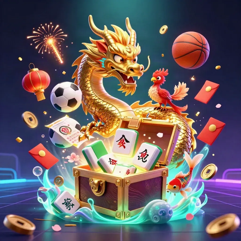 Golden dragon, phoenix, koi, and casino symbols explode in neon light over a futuristic horizon.