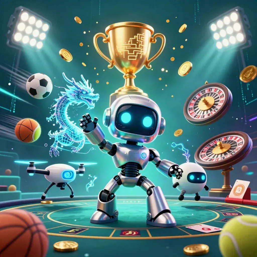 Cyberpunk robot, holographic dragon, and coin drone amid casino coins, sports balls, and fireworks.