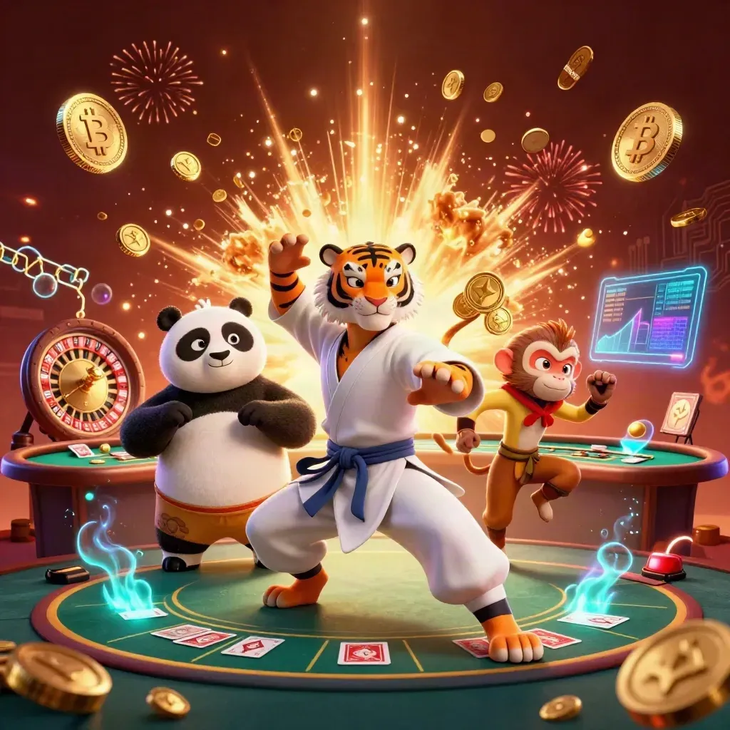 Kung-fu tiger, panda, and monkey amid casino treasure, coins, and neon gaming effects