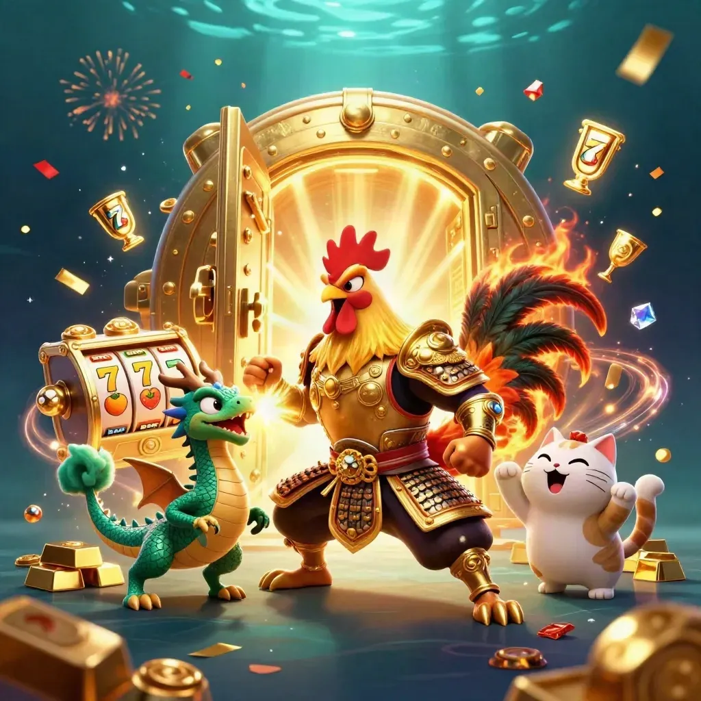 Rooster samurai, spark-breathing hatchling, and lucky cat amid gold vault loot under sea rays